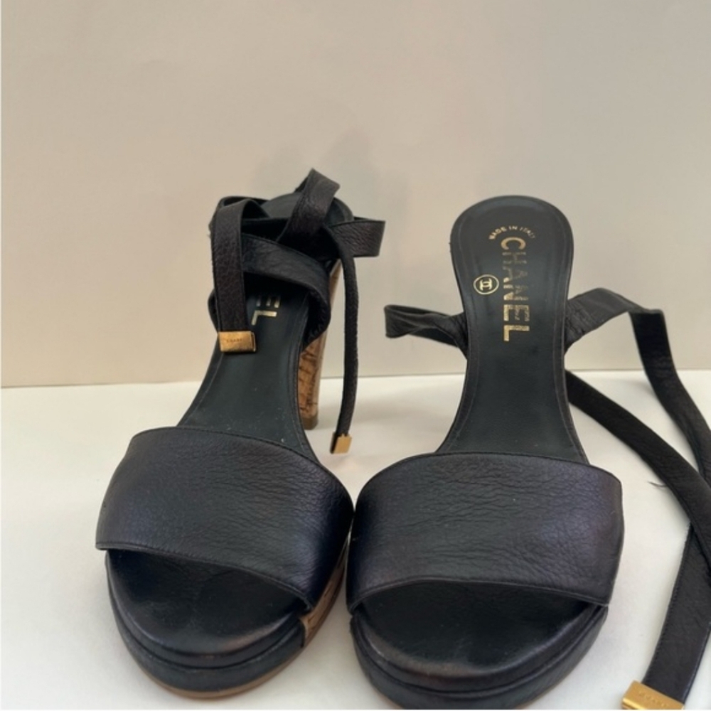 Vintage Chanel Black/ Cork Ankle Strap Sandals Size 36.5/size 6.5 - Picture 6 of 16